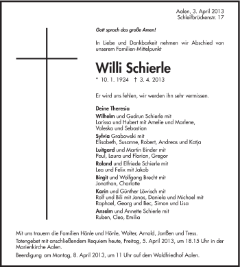 Traueranzeige von Willi Schierle von Schwäbische Post