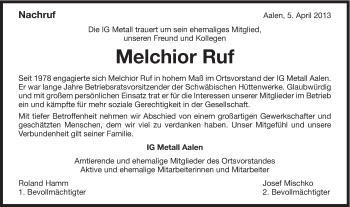 Traueranzeige von Melchior Ruf von Schwäbische Post