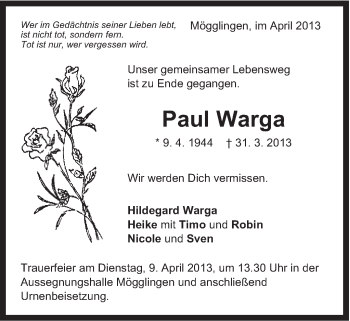 Traueranzeige von Paul Warga von Gmünder Tagespost