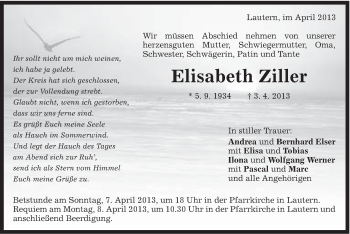 Traueranzeige von Elisabeth Ziller von Gmünder Tagespost