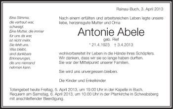 Traueranzeige von Antonie Abele von Schwäbische Post
