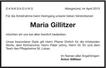 Traueranzeige von Maria Gillitzer von 088