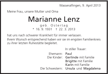 Traueranzeige von Marianne Lenz von Schwäbische Post