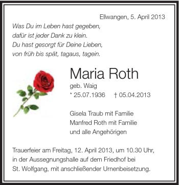 Traueranzeige von Maria Roth von Schwäbische Post