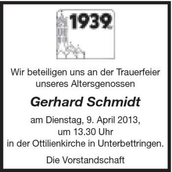 Traueranzeige von Schmidt Gerhard von Gmünder Tagespost