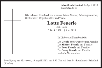 Traueranzeige von Lotte Feuerle von Gmünder Tagespost