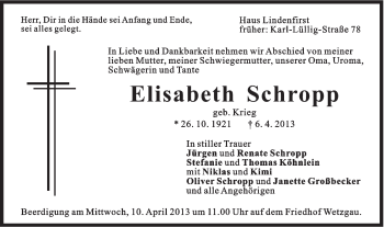 Traueranzeige von Elisabeth Schropp von Gmünder Tagespost