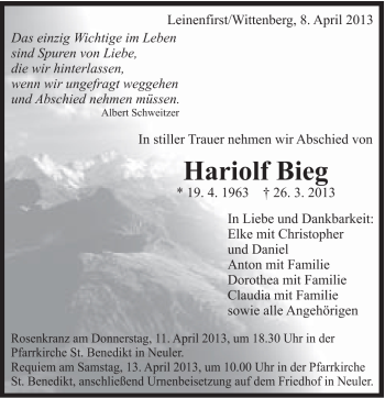 Traueranzeige von Hariolf Bieg von Schwäbische Post