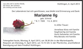 Traueranzeige von Marianne Ilg von Schwäbische Post
