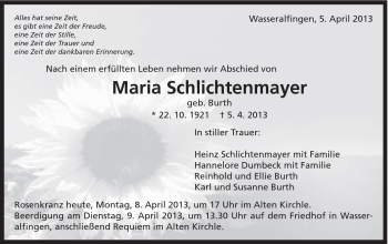 Traueranzeige von Maria Schlichtenmayer von Schwäbische Post