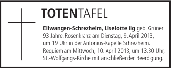 Traueranzeige von Liselotte ilg von Schwäbische Post