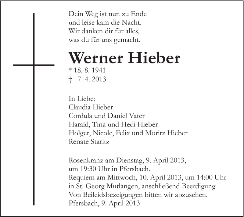  Traueranzeige für Werner Hieber vom 09.04.2013 aus Gmünder Tagespost