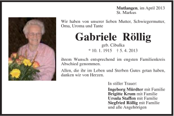 Traueranzeige von Gabriele Röllig von Gmünder Tagespost