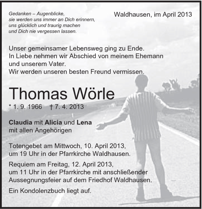  Traueranzeige für Thomas Wörle vom 09.04.2013 aus Schwäbische Post