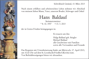 Traueranzeige von Hans Baldauf von Gmünder Tagespost