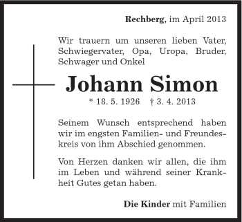 Traueranzeige von Johann Simon von Gmünder Tagespost