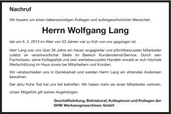 Traueranzeige von Wolfgang Lang von Schwäbische Post