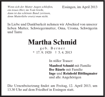 Traueranzeige von Martha Schmid von Schwäbische Post