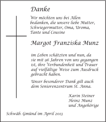 Traueranzeige von Margot Franziska Munz von Gmünder Tagespost