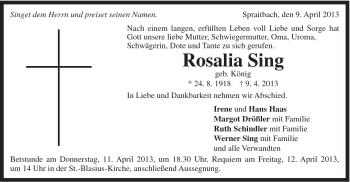 Traueranzeige von Rosalia Sing von Gmünder Tagespost