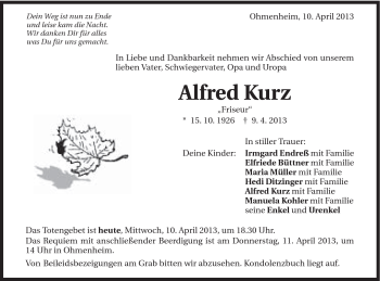 Traueranzeige von Alfred Kurz von Schwäbische Post