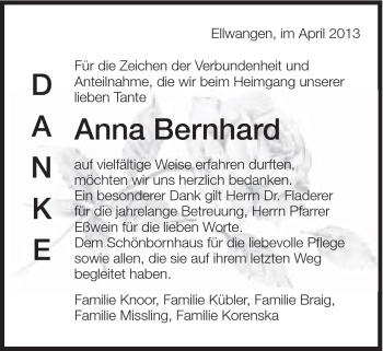 Traueranzeige von Anna Bernhard von Schwäbische Post
