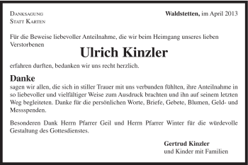 Traueranzeige von Ulrich Kinzler von Gmünder Tagespost