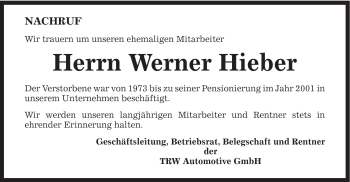 Traueranzeige von Werner Hieber von Gmünder Tagespost