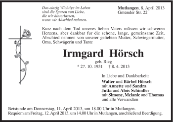Traueranzeige von Irmgard Hörsch von Gmünder Tagespost