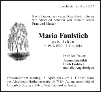 Traueranzeige von Maria Faulstich von Schwäbische Post
