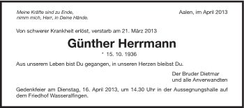 Traueranzeige von Günther Herrmann von Schwäbische Post