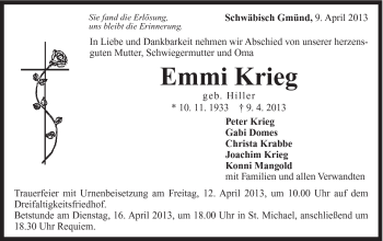 Traueranzeige von Emmi Krieg von Gmünder Tagespost
