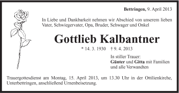 Traueranzeige von Gottlieb Kalbantner von Gmünder Tagespost