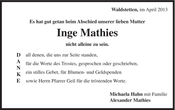 Traueranzeige von Inge Mathies von Gmünder Tagespost