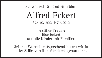 Traueranzeige von Alfred Eckert von Gmünder Tagespost