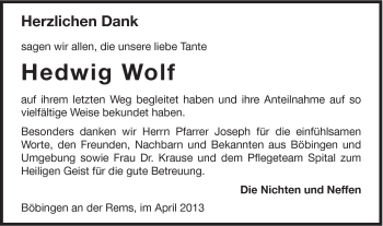 Traueranzeige von Hedwig Wolf von Gmünder Tagespost