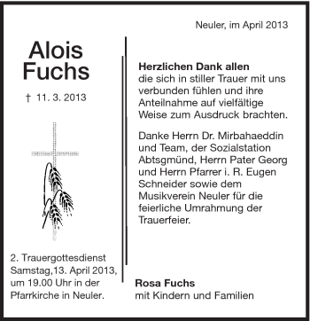 Traueranzeige von Alois Fuchs von Schwäbische Post