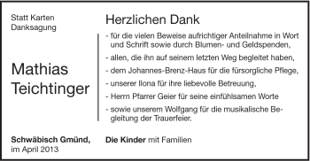 Traueranzeige von Mathias Teichtinger von Gmünder Tagespost