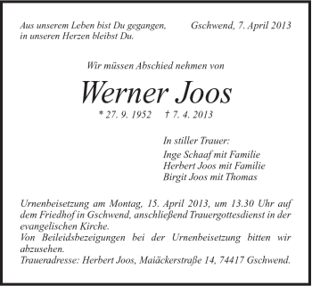 Traueranzeige von Werner Joos von Gmünder Tagespost