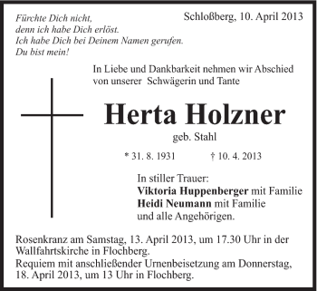 Traueranzeige von Herta Holzner von Schwäbische Post