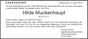 Traueranzeige von Hilde Mucknhaupt von Schwäbische Post