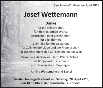 Traueranzeige von Josef Wettenmann von Schwäbische Post