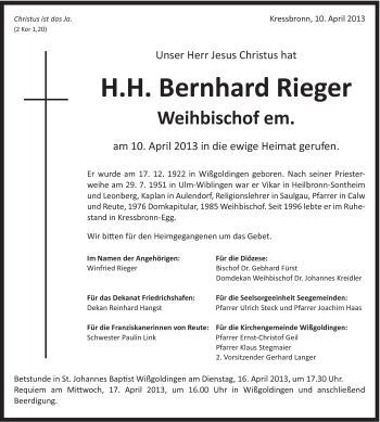 Traueranzeige von Bernhard Rieger von Gmünder Tagespost