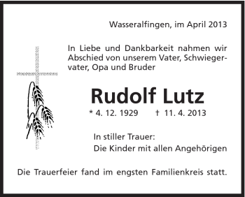 Traueranzeige von Rudolf Lutz von Schwäbische Post