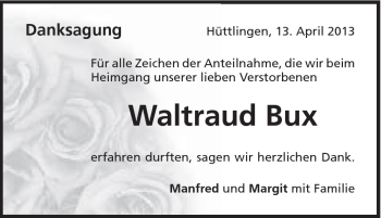 Traueranzeige von Waltraud Bux von Schwäbische Post