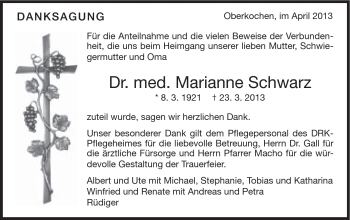 Traueranzeige von Marianne Schwarz von Schwäbische Post