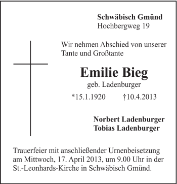 Traueranzeige von Emilie Bieg von Gmünder Tagespost