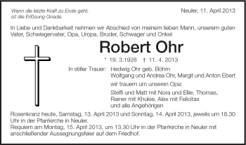 Traueranzeige von Robert Ohr von Schwäbische Post