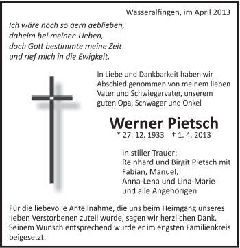 Traueranzeige von Werner Pietsch von Schwäbische Post