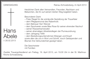 Traueranzeige von Hans Abele von Schwäbische Post